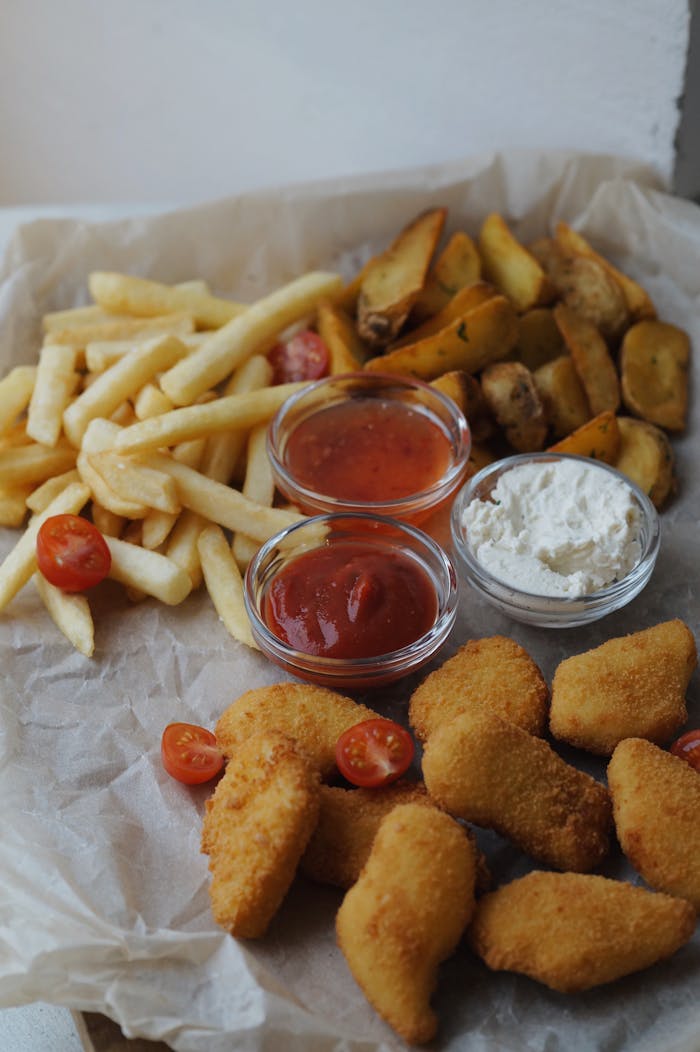 A tasty assortment of chicken nuggets, fries, and sauces on parchment.